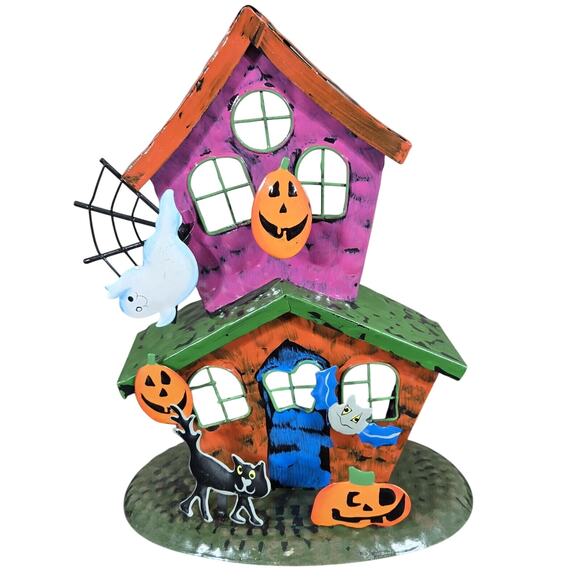 Halloween Haunted House Tealight Candle Holder Set of 2 Metal Ghost Pumpkin - Picture 2 of 12